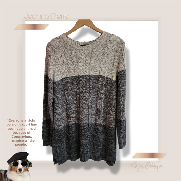 🌿Jeanne Pierre Women's XL Cable Knit Sweater Colorblock Grey Ivory Pockets - Picture 12 of 12